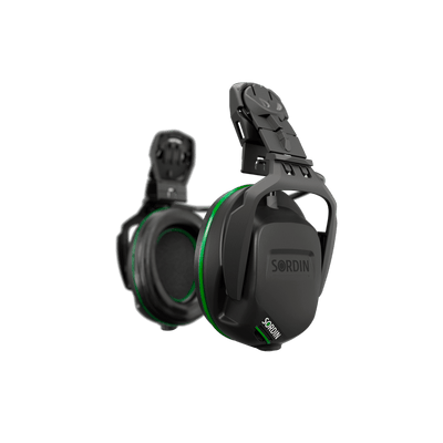 Sordin Sharp electronic earmuffs, helmet-mounted with foam rings, left side view
