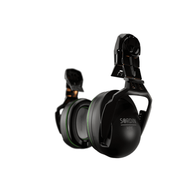 Sordin Classic HPE passive earmuffs, helmet-mounted, left side view