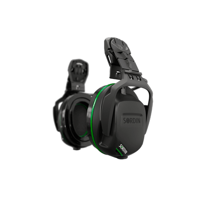 Sordin Sharp electronic earmuffs, helmet-mounted with gel rings, left side view
