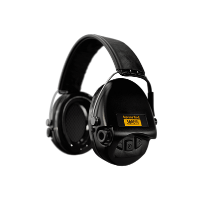 Sordin Supreme Pro-X electronic earmuffs, black with foam cushions, left side view