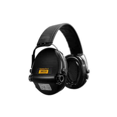 Sordin Supreme Pro-X electronic earmuffs, black with foam cushions, right side view