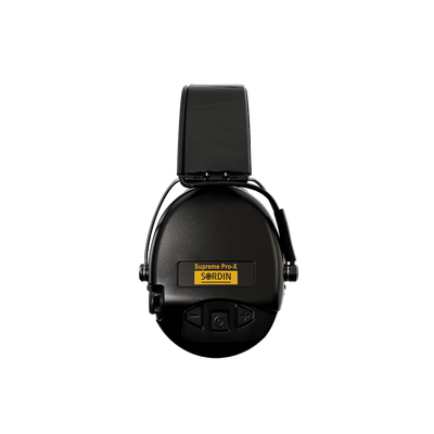 Sordin Supreme Pro-X electronic earmuffs, black with foam cushions, left view
