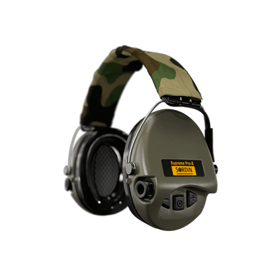 Sordin Supreme Pro-X electronic earmuffs, camo green with foam cushions, left side view