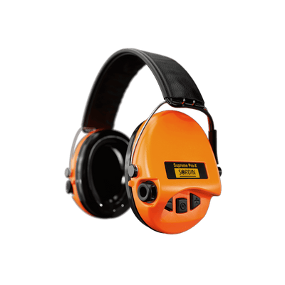Sordin Supreme Pro-X electronic earmuffs, ember with foam cushions, left side view