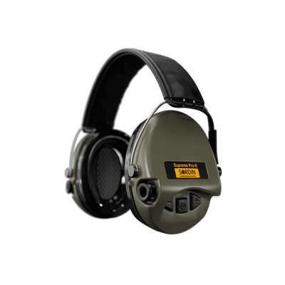 Sordin Supreme Pro-X electronic earmuffs, green with foam cushions, left side view