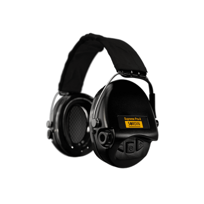 Sordin Supreme Pro-X electronic earmuffs, black textile headband with foam cushions, left side view
