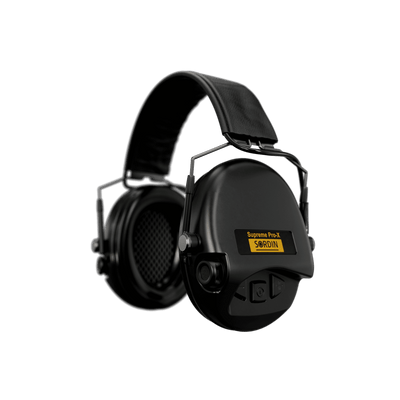 Sordin Supreme Pro-X Slim electronic earmuffs, black with foam cushions, left side view
