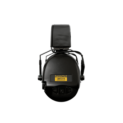 Sordin Supreme Pro-X Slim electronic earmuffs, black with foam cushions, left view
