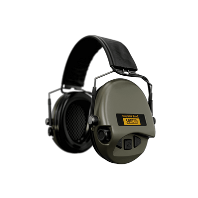 Sordin Supreme Pro-X Slim electronic earmuffs, green with foam cushions, left side view