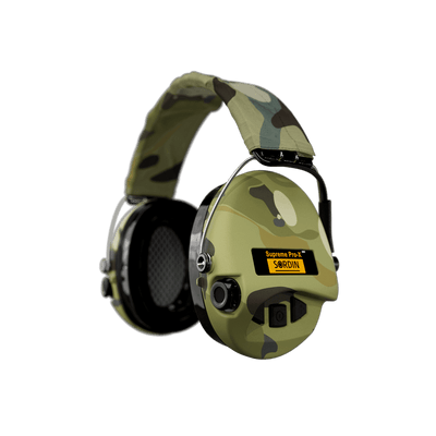 Sordin Supreme Pro-X LED electronic earmuffs, camo, left side view