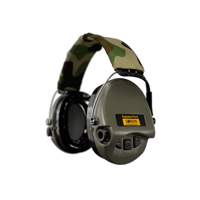 Sordin Supreme Pro-X LED electronic earmuffs, camo green, left side view