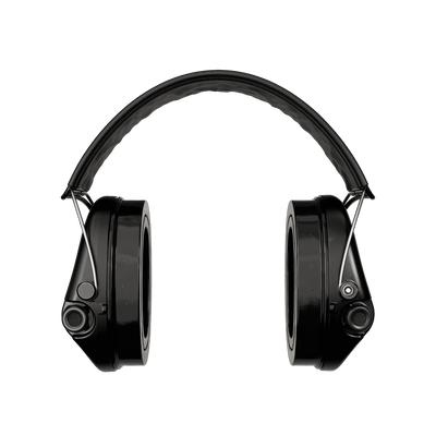 Sordin Supreme Pro-X LED electronic earmuffs, black leather headband, front view