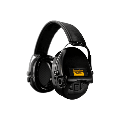 Sordin Supreme Pro-X LED electronic earmuffs, black leather headband, left side view