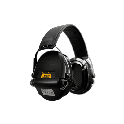 Sordin Supreme Pro-X LED electronic earmuffs, black leather headband, right side view