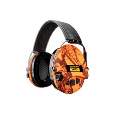 Sordin Supreme Pro-X LED electronic earmuffs, blaze leather headband, left side view