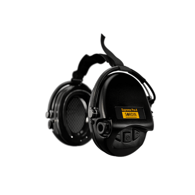 Sordin Supreme Pro-X electronic earmuffs, black neckband, left side view