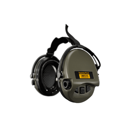 Sordin Supreme Pro-X electronic earmuffs, green neckband, left side view