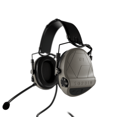 Sordin Supreme T2 CC tactical comms headset, tan headband with right boom microphone, left side view