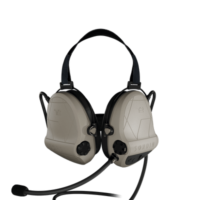 Sordin Supreme T2 CC tactical comms headset, tan neckband with left boom microphone, front view