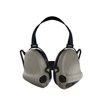 Sordin Supreme T2 tactical electronic earmuffs, tan neckband, front view