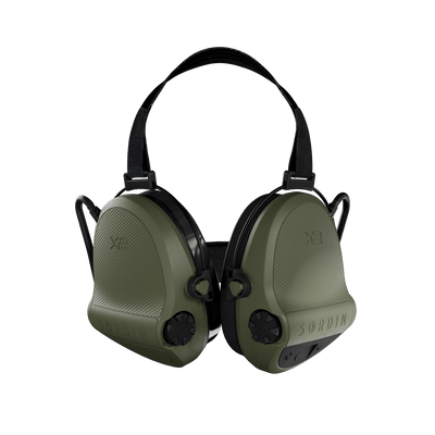 Sordin Supreme X2 electronic earmuffs, green neckband with gel cushions, front view