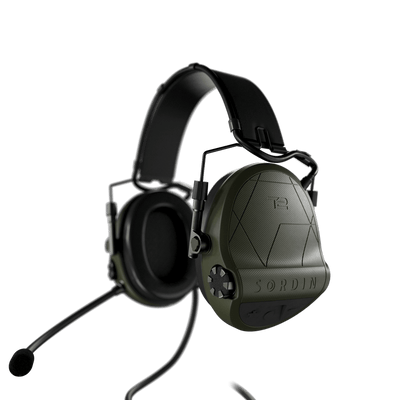 Sordin Supreme T2 CC tactical comms headset, green headband with right boom microphone, left side view