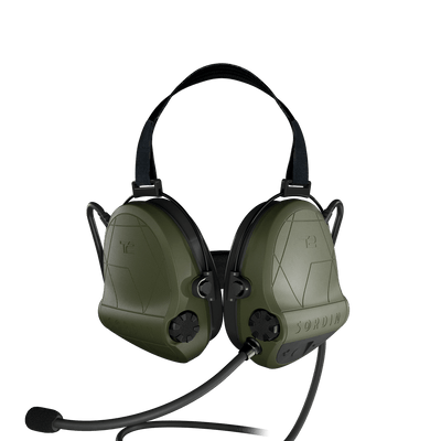 Sordin Supreme T2 CC tactical comms headset, green neckband with left boom microphone, front view