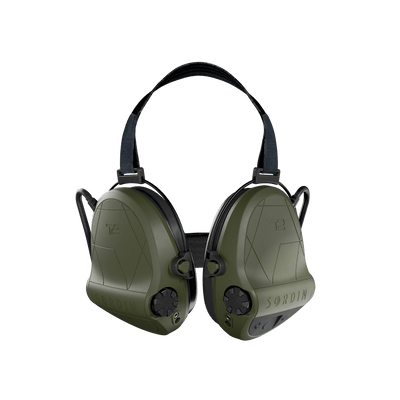 Sordin Supreme T2 tactical electronic earmuffs, green neckband, front view