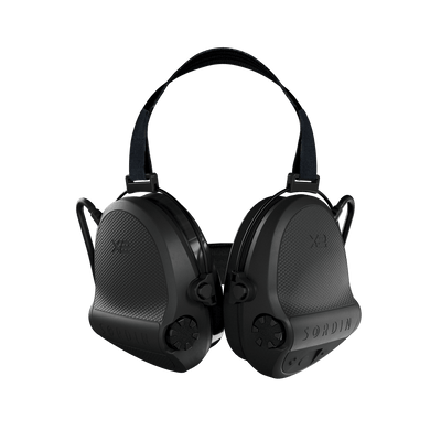 Sordin Supreme X2 electronic earmuffs, black neckband with gel cushions, front view