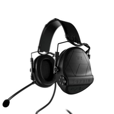 Sordin Supreme T2 CC tactical comms headset, black headband with right boom microphone, left side view