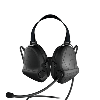 Sordin Supreme T2 CC tactical comms headset, black neckband with left boom microphone, front view