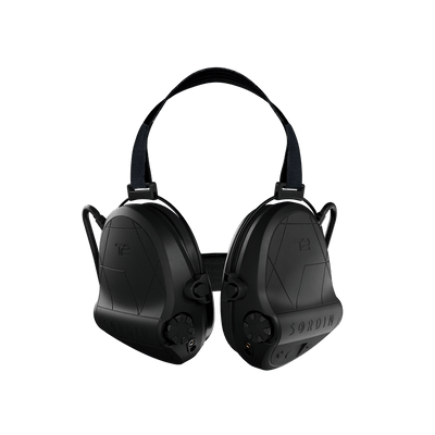 Sordin Supreme T2 tactical electronic earmuffs, black neckband, front view