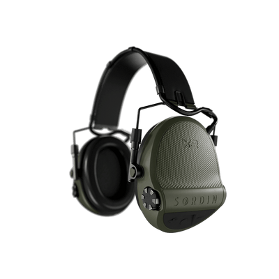 Sordin Supreme X2 electronic earmuffs, green headband with memory foam cushions, left side view