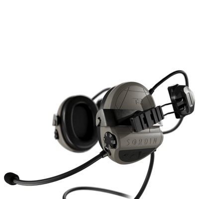 Sordin Supreme T2 CC tactical comms headset, tan with rear ARC helmet rail adapters and left boom microphone, left side view