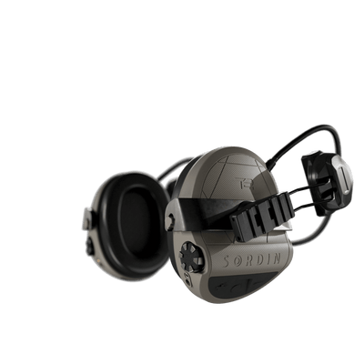 Sordin Supreme T2 tactical electronic earmuffs, tan with rear ARC helmet rail adapters, left side view