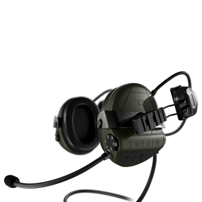 Sordin Supreme T2 CC tactical comms headset, green with rear ARC helmet rail adapters and left boom microphone, left side view