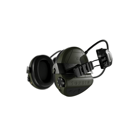 Sordin Supreme T2 tactical electronic earmuffs, green with rear ARC helmet rail adapters, left side view