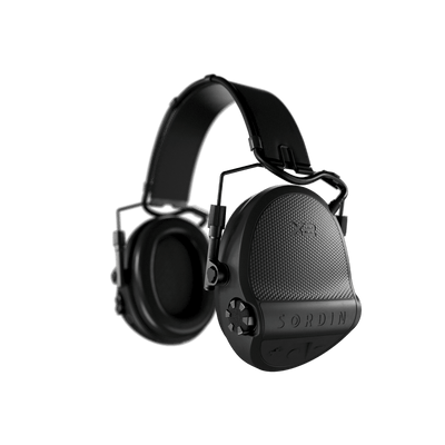 Sordin Supreme X2 electronic earmuffs, black leather headband with memory foam cushions, left side view