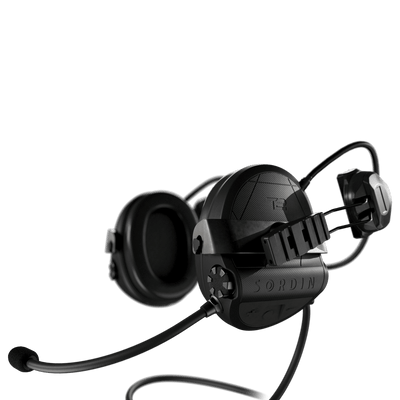Sordin Supreme T2 CC tactical comms headset, black with rear ARC helmet rail adapters and left boom microphone, left side view