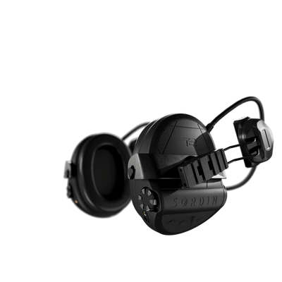 Sordin Supreme T2 tactical electronic earmuffs, black with rear ARC helmet rail adapters, left side view