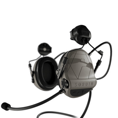 Sordin Supreme T2 CC tactical comms headset, tan with ARC helmet rail adapters and left boom microphone, left side view
