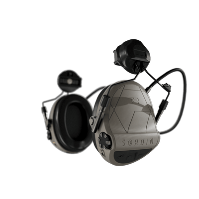 Sordin Supreme T2 tactical electronic earmuffs, tan with ARC helmet rail adapters, left side view