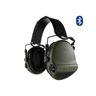 Sordin Supreme X2 BT electronic earmuffs, green headband with gel cushions, left side view