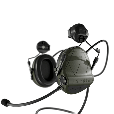 Sordin Supreme T2 CC tactical comms headset, green with ARC helmet rail adapters and left boom microphone, left side view