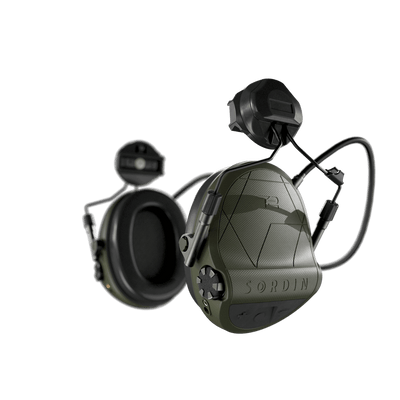 Sordin Supreme T2 tactical electronic earmuffs, green with ARC helmet rail adapters, left side view