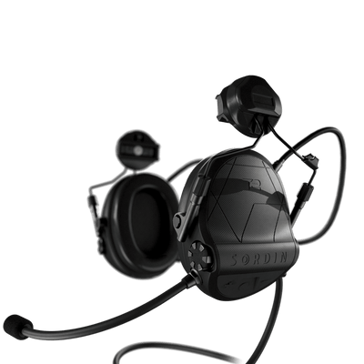 Sordin Supreme T2 CC tactical comms headset, black with ARC helmet rail adapters and left boom microphone, left side view