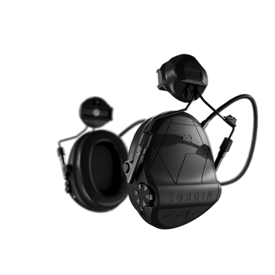 Sordin Supreme T2 tactical electronic earmuffs, black with ARC helmet rail adapters, left side view
