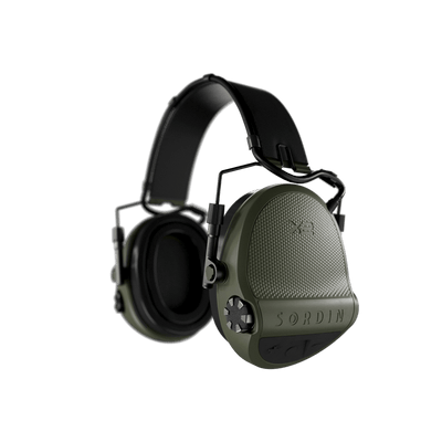 Sordin Supreme X2 electronic earmuffs, green leather headband with gel cushions, left side view
