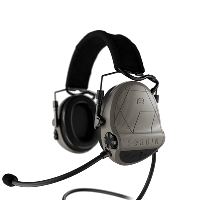 Sordin Supreme T2 CC tactical comms headset, tan textile headband with left boom microphone, left side view
