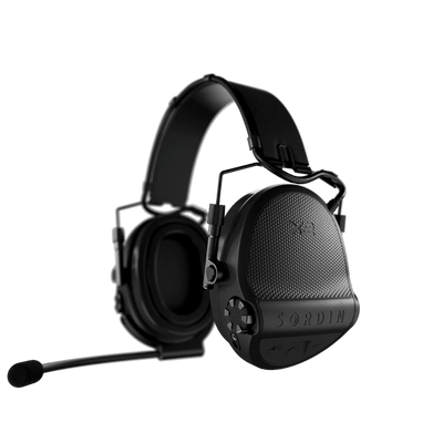 Sordin Supreme X2 BT electronic earmuffs, black headband with gel cushions and Bluetooth boom microphone on the right, left side view